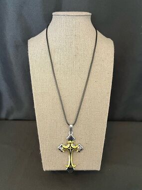 Yellow and Silver Cross Pendant Necklace on Black Cord